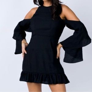 Princess Polly Black Mini Dress with open shoulders & pretty ruffle sleeves US 4